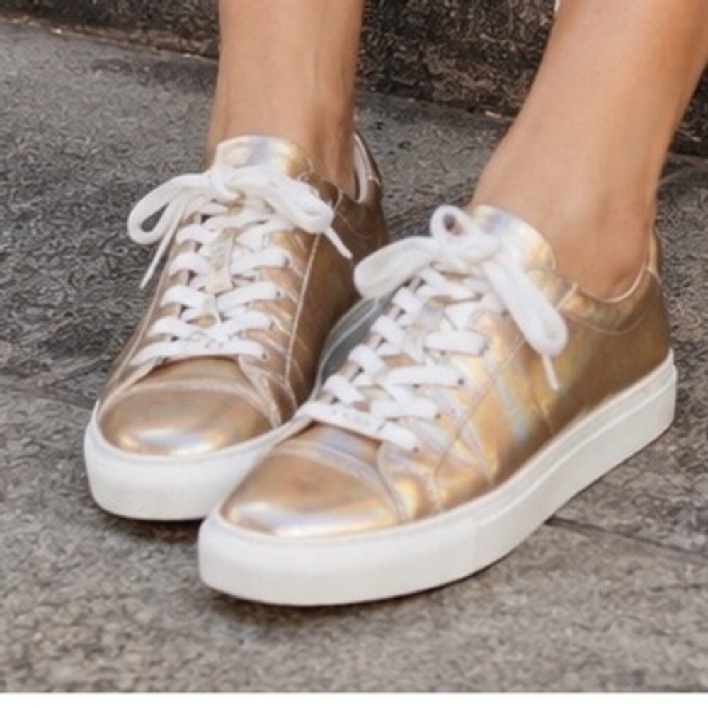 J/Slides NYC Rose Gold Iridescent Metallic Leather Sneakers Womens 6 Low Top